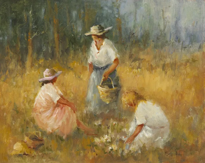 PICKING MUSHROOMS by Elizabeth Brophy, oil on board, offered Oct 2012