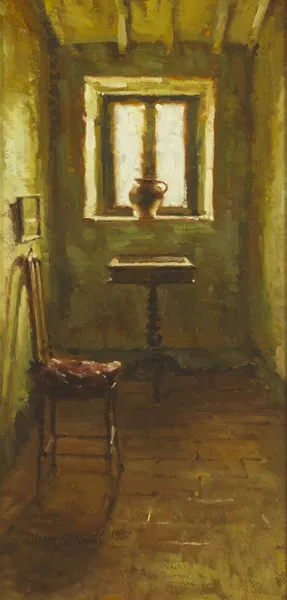 INTERIOR WITH CHAIR by Mark O'Neill, 1997, oil on board, sold Oct 2012