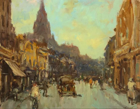 STREET SCENE WITH MORRIS MINOR by Ken Moroney, oil on board, offered Oct 2012