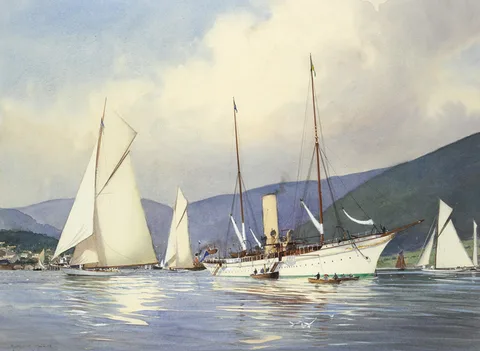Martyn Richardson Mackrill, SHAMROCK III, SHAMROCK I AND THE STEAM YACHT ERINOFF HUNTER'S QUAY, RIVER CLYDE, SPRING 1903, watercolour heightened with white