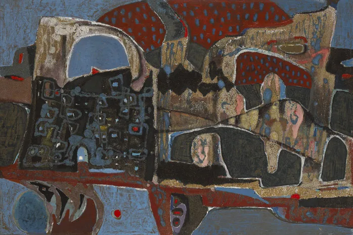 Gerard Dillon, ABSTRACT CITYSCAPE, oil with sand on board
