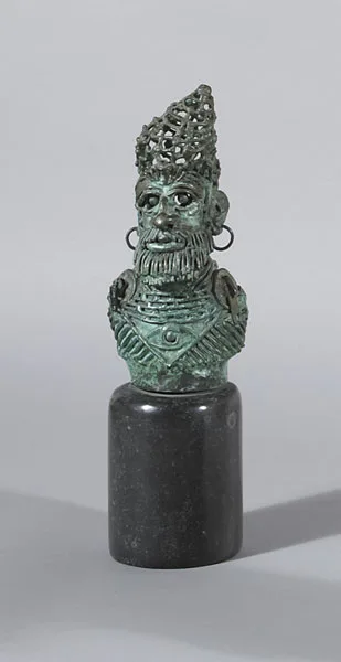 Vincent Browne, CHIEFTAIN WITH EARRINGS, copper with mixed media element on cylindrical black marble base