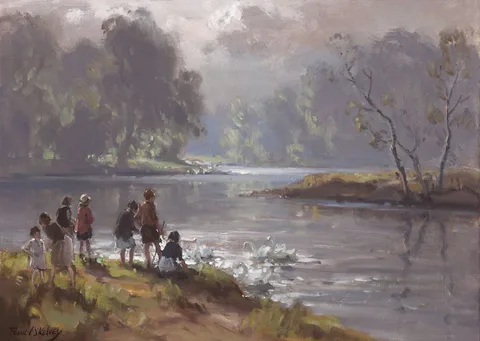 Frank McKelvey, SWANS ON THE LAGAN, COUNTY ANTRIM, oil on canvas