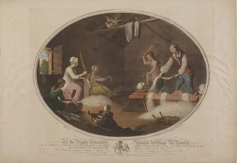 William Hincks, SET OF TWELVE PRINTS ILLUSTRATING THE IRISH LINEN INDUSTRY, 1791, hand-coloured and stipple engraving; (contained in leather and cloth bound album)