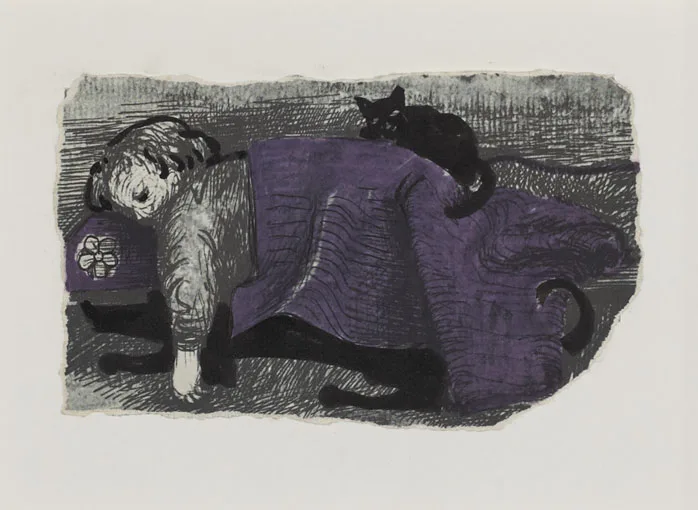 BOY WITH CAT by Gerard Dillon, pen and ink with gouache over printed image [Henry Moore], sold May 2012