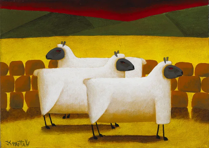 THREE SHEEP AT SUNSET by Graham Knuttel, oil on canvas, sold May 2012