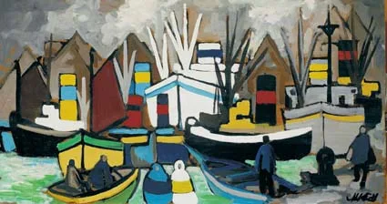 DOCK SCENE by Markey Robinson, oil on board, sold Feb 2004