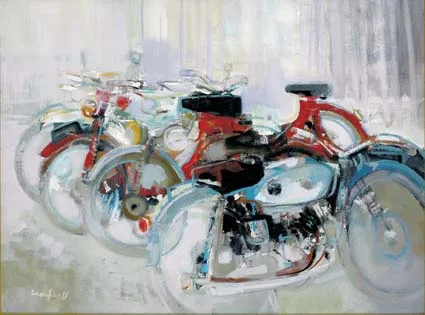 MOTORCYCLES by George Campbell, oil on board, sold Feb 2004