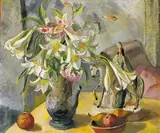 Frances J. Kelly, STILL LIFE WITH LILLIES AND STAFFORDSHIRE FIGURINE