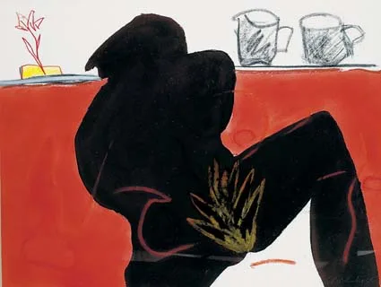 ENTERTAINER I by Michael Mulcahy, mixed media on paper, offered Feb 2004