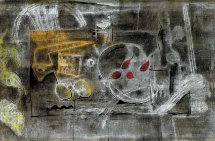 George Campbell, STILL LIFE WITH RADISHES, charcoal, pastel, pen and ink on paper