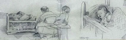 Edith Anna Somerville, SLEEPING INFANT WITH MOTHER AND CHILD KEEPING WATCH, pencil on tinted paper (two sheets joined as one)