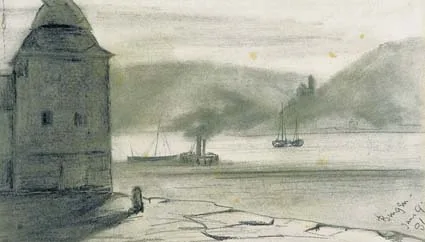 Edith Anna Somerville, A WOMAN STANDING BY A WINDOW and LANDSCAPE WITH QUAYSIDE BUILDING AND BOATS (2), pencil and wash (1); the pencil and charcoal (2)