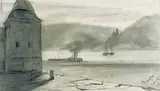 Edith Anna Somerville, A WOMAN STANDING BY A WINDOW and LANDSCAPE WITH QUAYSIDE BUILDING AND BOATS (2)
