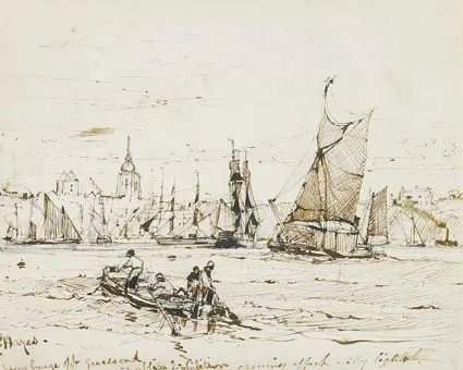 Edwin Hayes, HAY BARGE OFF GRAVESEND, pencil, pen and ink on paper
