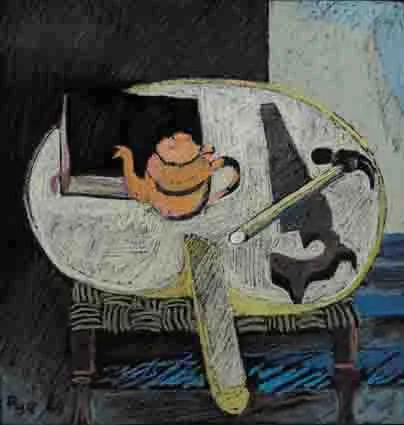 CARPENTER'S INVENTORY by Patrick Pye, oil pastel on board, sold Nov 2002