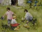 Elizabeth Brophy, THREE CHILDREN PLAYING WITH TOY BUCKETS AND BOATS