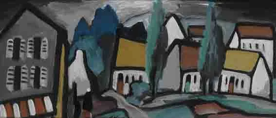 VILLAGE by Markey Robinson, gouache on board, sold Nov 2002