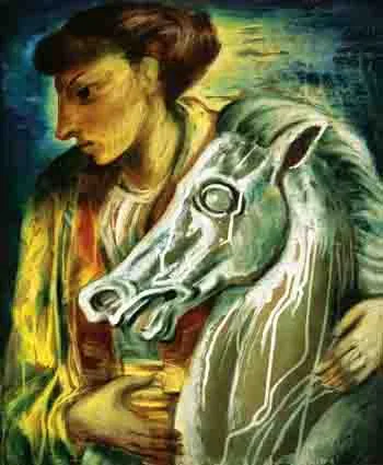 BOY WITH PEGASUS by Daniel O'Neill, oil on board, offered Nov 2002