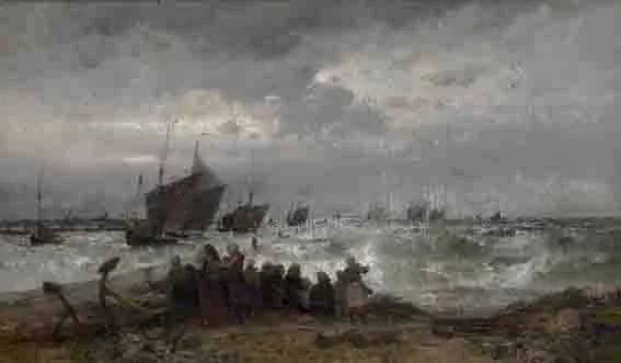 Theodore Alexander Weber, WOMEN AND CHILDREN AWAITING THE RETURN OF A FLEET OF SAILBOATS, oil on canvas