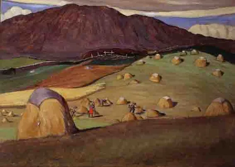 Harry Kernoff, MAKING HAY AT RENVYLE, CONNEMARA, oil on panel