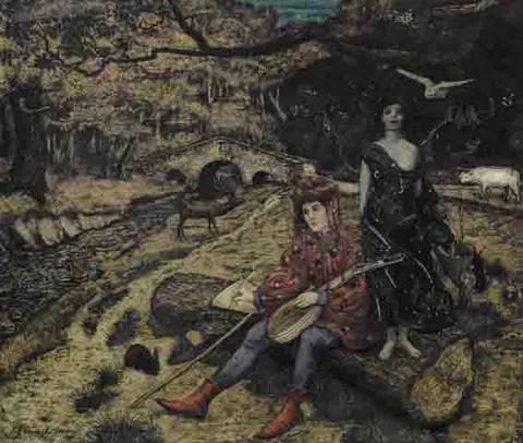 Robert James Enraght-Moony, NIGHT AND THE POET, tempera on board, laid onto canvas