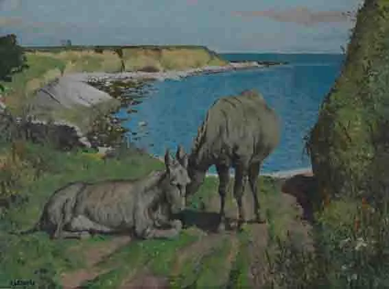 DONKEYS RESTING by Patrick Leonard, oil on board, sold Nov 2002