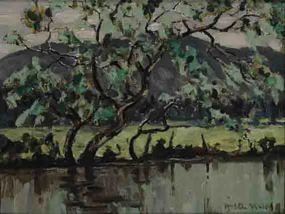 A RIVER IN SPRING TIME by Mabel Young, oil on canvas board, offered Nov 2002