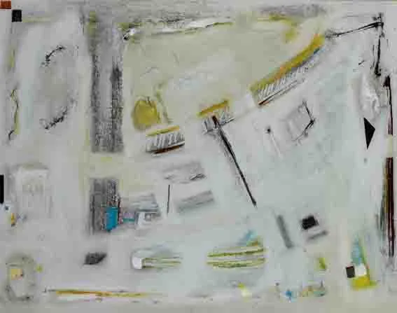 AERIAL VIEW by Mike Fitzharris, mixed media on board, sold Nov 2002