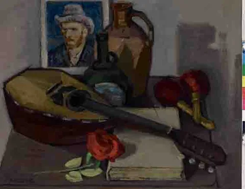 STILL LIFE WITH VAN GOGH PRINT by Dennis Henry Osborne, oil on canvas, offered Nov 2002