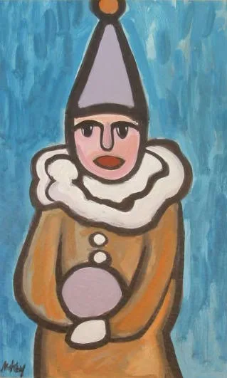 CLOWN WITH BALL by Markey Robinson, gouache on board, offered Nov 2002
