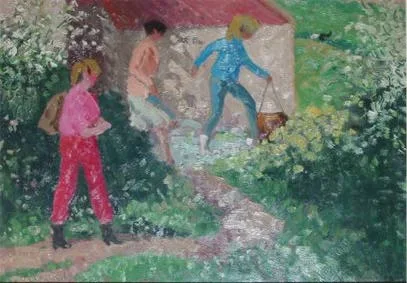 HOME FROM SCHOOL by Patrick Leonard, oil on board, sold Sep 2002