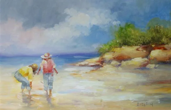 THE BEACH by Elizabeth Brophy, oil on board, sold Sep 2002