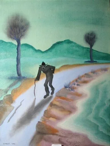 Cecil Ffrench Salkeld, CRIPPLED MAN ON PATH, gouache on canvas