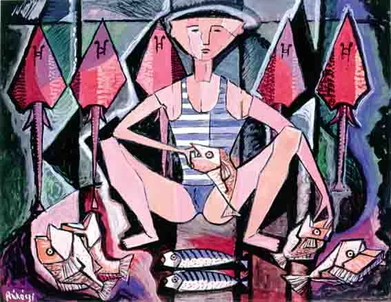 BOY WITH FISH by Basil Rakoczi, gouache on paper, offered Sep 2002