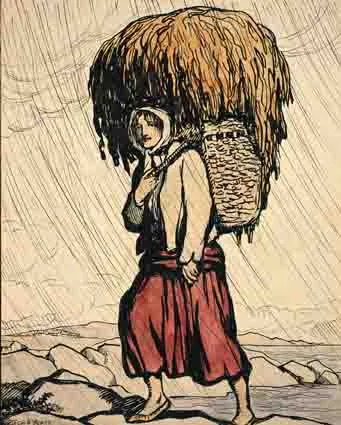 Jack Butler Yeats, CARRYING SEAWEED FOR KELP, pen and ink with watercolour