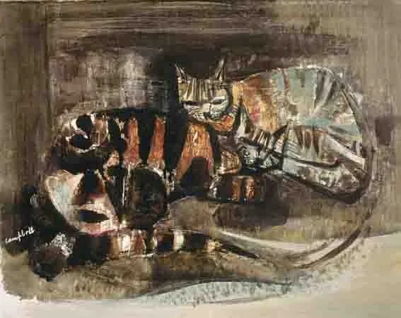 TWO CATS by George Campbell, oil on board, offered Sep 2002