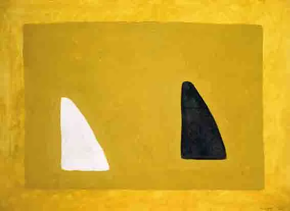 BLACK AND WHITE ON OCHRE by William Scott, gouache, offered Sep 2002