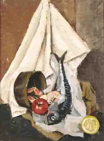 Ruth Brandt, STILL LIFE WITH MACKEREL AND SHELL-FISH, oil on canvas
