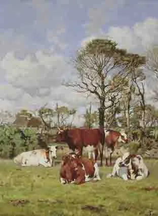 Augustus Nicholas Burke, A GROUP OF CATTLE, HOWTH HILL, WITH A COTTAGE IN THE BACKGROUND, oil on canvas