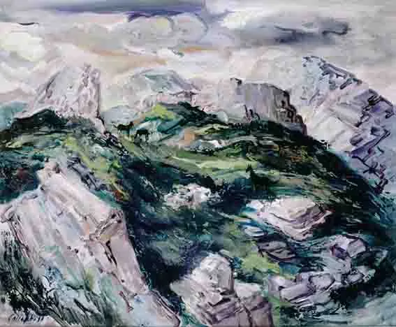 RUGGED MOUNTAINS, GLENGARRIF, COUNTY CORK by George Campbell, oil on board, sold Sep 2002