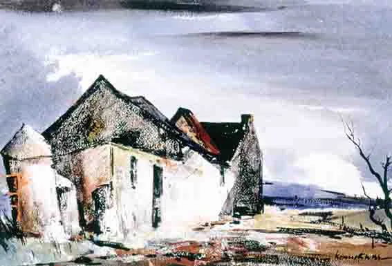 COTTAGES IN THE WEST by Kenneth Webb, ink and gouache on artist's board, sold Sep 2002