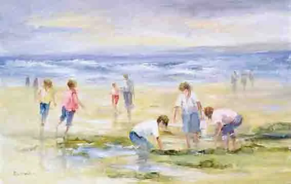 THE SHELL DIGGERS by Elizabeth Brophy, oil on board, sold Sep 2002