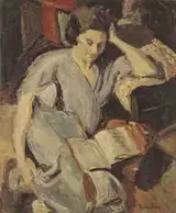 Ronald Ossory Dunlop, STUDY OF A WOMAN IN A BLUE WRAP, READING