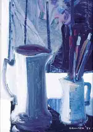 TWO JUGS AND BRUSHES by Brian Ballard, oil on board, sold Sep 2002