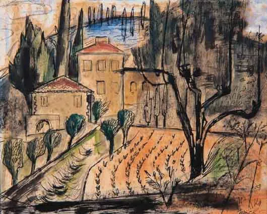 FRENCH LANDSCAPE WITH BUILDINGS by Norah McGuinness, mixed media, sold Mar 2001