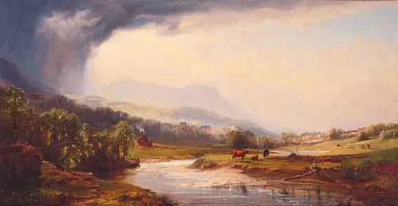 LANDSCAPE WITH VIEW TOWARDS TOWN AND GRAZING CATTLE IN FOREGROUND by John Faulkner, oil on canvas, sold Mar 2001