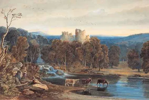 FIGURES AND CATTLE BY A RIVER WITH CASTLE RUINS BEYOND by George Barret Junior, watercolour, sold Mar 2001