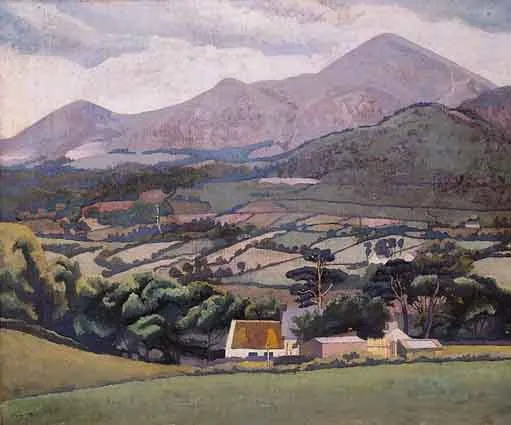 E.M.O'R. Dickey, LANDSCAPE WITH FARM COTTAGES, oil on canvas