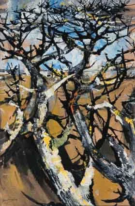 LANDSCAPE WITH THORN by Kenneth Webb, mixed media (gouache and oil) on card, sold Mar 2001